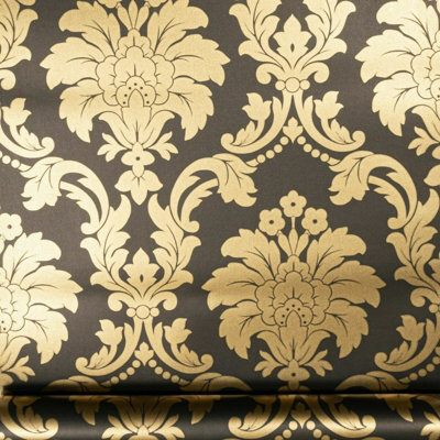 Arthouse Gold Black Traditional Vintage Floral Damask Metallic Quality ...