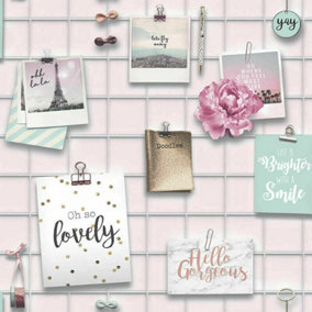Arthouse Hello Gorgeous Realistic Pin Board Notes Collage Quote Wallpaper
