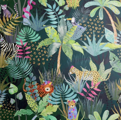Arthouse Hidden Emerald Tropical Jungle Animals Kids Room & Bed Room Wallpaper 925308