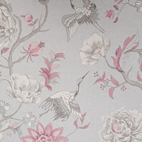 Arthouse Japanese Crane Birds Floral Grey Silver Pink Textured Vinyl Wallpaper