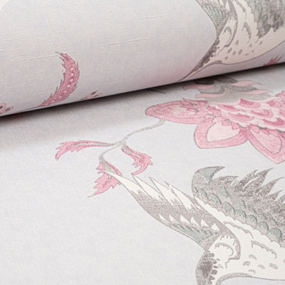 Arthouse Japanese Crane Birds Floral Grey Silver Pink