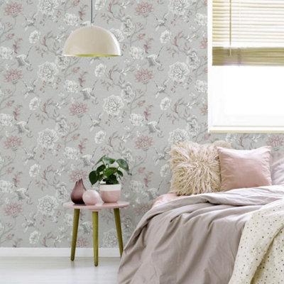 Arthouse Japanese Crane Grey & Pink Wallpaper Textured Vinyl Feature Wall