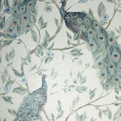 Arthouse Keeka Bird Blue Peacock Floral Feather Navy Natural Off White Wallpaper