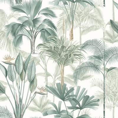 Arthouse King Palm Tropical Jungle Leaves Green White Wallpaper 922908