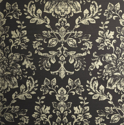 Arthouse Kyasha Charcoal Black Metallic Foil Gold Damask Vinyl Wallpaper 293400 DIY at B&Q