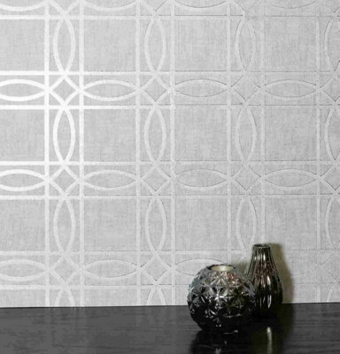 Arthouse Light Grey Silver Geometric Foil Shimmer Metallic Feature Wallpaper