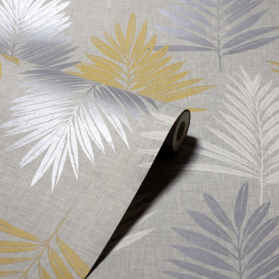 Arthouse Linen Palm Ochre/Grey Wallpaper
