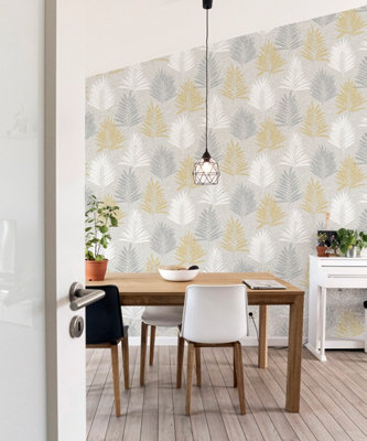 Arthouse Linen Palm Ochre/Grey Wallpaper