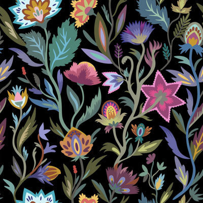 Arthouse Lush Paradise Painted Floral Leaves Black Wallpaper 100380AH