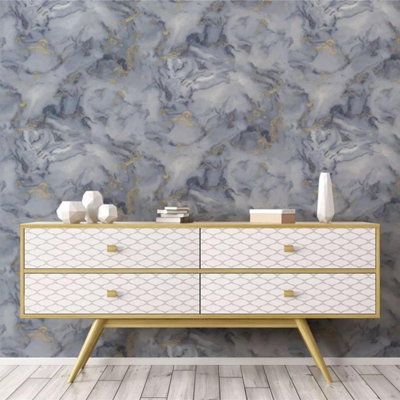 Arthouse Marble Blue Wallpaper Modern Gold Effect Stylish Trendy ...