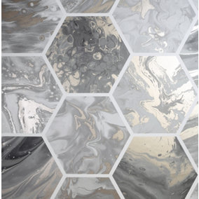 Arthouse Marbled Hex Charcoal/Rose Gold Wallpaper