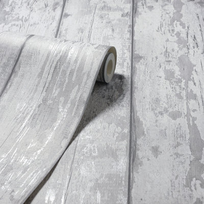 Arthouse Metallic Washed Wood Grey/Silver Wallpaper