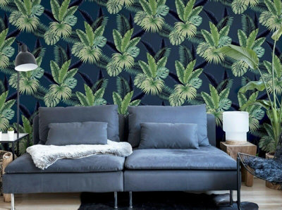 ARTHOUSE MIAMI TROPICS NAVY GREEN LEAVES WALLPAPER 921407