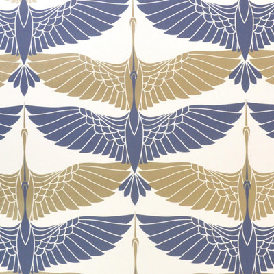 Arthouse Oriental Cranes Gold Navy Wallpaper Metallic Effect Paste The Wall