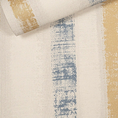 Arthouse Painted Stripe Navy Blue Metallic Gold Textured Vinyl Wallpaper