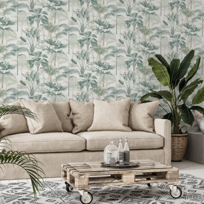 Arthouse Palm Wallpaper Tropical Jungle Leaves Brotanical White Green Nature
