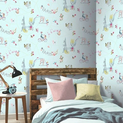 Arthouse Paris With Love Textured Glitter Shimmer Multi Duck Egg Kids Wallpaper