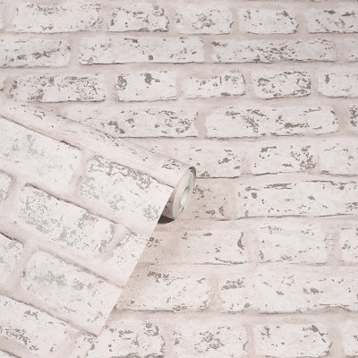 Arthouse Rustic Distressed Brick Wall Effect Blush Pink Metallic Wallpaper