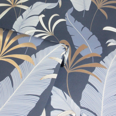 Arthouse Selago Blue Leaf Wallpaper Metallic Bronze Effect Modern Paste The Wall