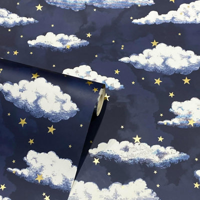 Arthouse Stars And Clouds Kids Navy Wallpaper Good Night 3D Effect Clouds and Stars 923907 - Bedroom, Kids Room and Nursery