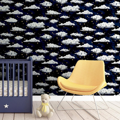 Arthouse Stars And Clouds Kids Navy Wallpaper Good Night 3D Effect Clouds and Stars 923907 - Bedroom, Kids Room and Nursery