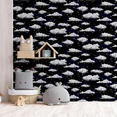 Arthouse Stars And Clouds Kids Navy Wallpaper Good Night 3D Effect Clouds and Stars 923907 - Bedroom, Kids Room and Nursery