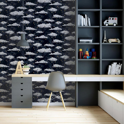 Arthouse Stars And Clouds Kids Navy Wallpaper Good Night 3D Effect Clouds and Stars 923907 - Bedroom, Kids Room and Nursery