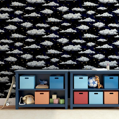 Arthouse Stars And Clouds Kids Navy Wallpaper Good Night 3D Effect Clouds and Stars 923907 - Bedroom, Kids Room and Nursery