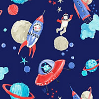 Arthouse Starship Star Pattern Space Man Rocket Glitter Childrens Wallpaper Blue 668000