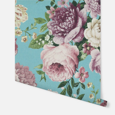 Arthouse Tapestry Floral Teal/Pink Wallpaper