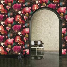 Arthouse Tian Japanese Multi Coloured Lanterns Pink Textured Vinyl Wallpaper