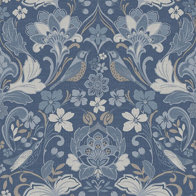 Arthouse Traditional Folk Floral Trail Denim Blue Birds Flowers Leaves Wallpaper