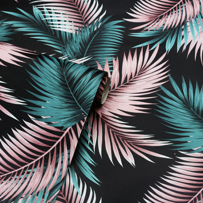 Arthouse Twilight Tropic Black & Green Tropical Leaves Wallpaper 908308