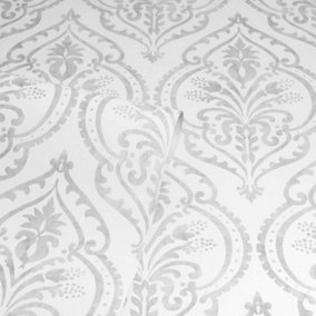 Arthouse White Silver Grey Moroccan Damask Textured Heavy Vinyl Wallpaper Exotic