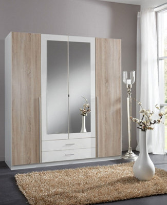 Artic White and Oak Effect 4 Door / 2 Drawer Wardrobe