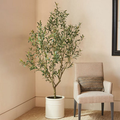 Artificial 6.5ft Olive Tree with French Crock Planter, Realistic Faux Indoor Plant, Low Maintenance Home Décor