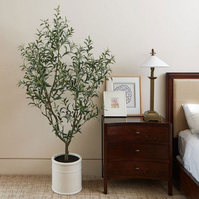 Artificial 6.5ft Olive Tree with French Crock Planter, Realistic Faux Indoor Plant, Low Maintenance Home Décor