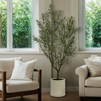 Artificial 6.5ft Olive Tree with French Crock Planter, Realistic Faux Indoor Plant, Low Maintenance Home Décor