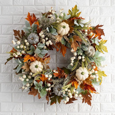 Artificial Autumn Wreath 40 cm, White Maple Leaves and Pumpkin Front ...