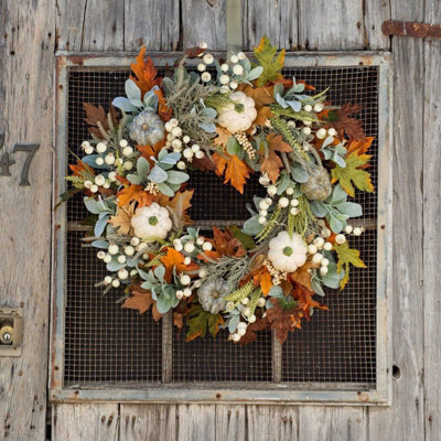 Artificial Autumn Wreath 40 cm, White Maple Leaves and Pumpkin Front ...
