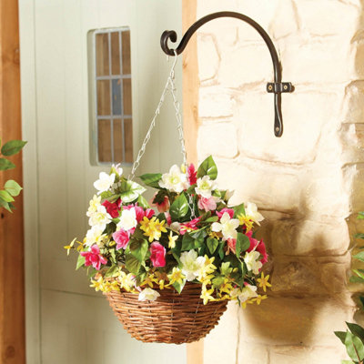 Artificial Azalea Mix Hanging Basket, Vibrant No-Fade Flowers, 43cm Willow Pot, 60cm Hanging Length