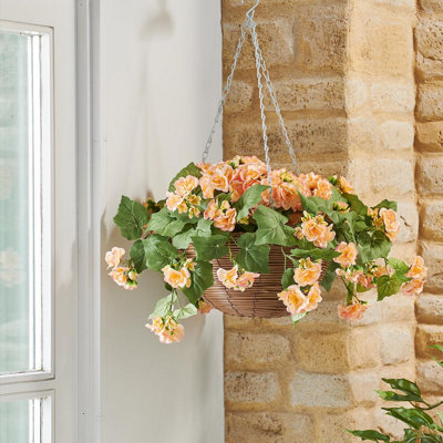 Artificial Begonia Regal Hanging Basket UV Weather Resistant Faux Flower Display in Pot with Metal Chain H31 x 48cm Diameter