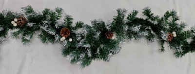 Artificial Christmas Garland Snow Tipped White Berry and Pine Cone Green Garland 2.7M