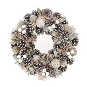 Artificial Christmas Wreath With Sage Green Foliage, Silver Cones and White Berries. (Dia) 30 cm