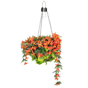 Artificial Duranta Red Flowers Hanging Basket with Solar Light  26cm