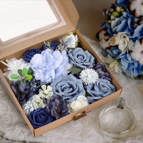 Artificial Fake Realistic Silk Flower Gift Box Wedding Party Decor Blue and White 25cm (W) x 27cm (D) x 5.5cm (H)