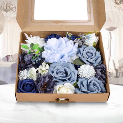 Artificial Fake Realistic Silk Flower Gift Box Wedding Party Decor Blue and White 27 x 25 cm