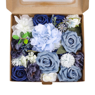 Artificial Fake Realistic Silk Flower Gift Box Wedding Party Decor Blue and White 27 x 25 cm