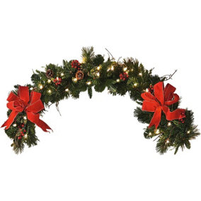 Artificial Festive Christmas Ribbon Garland with Lights, Pine Cones & Berry Decorations - Measures 120cm