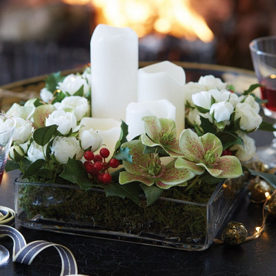 Artificial Flower Christmas Centrepiece with LED Candles - Faux Fake Hellebore, Ranunculus & Rose Arrangement - H20 x W25 x D25cm